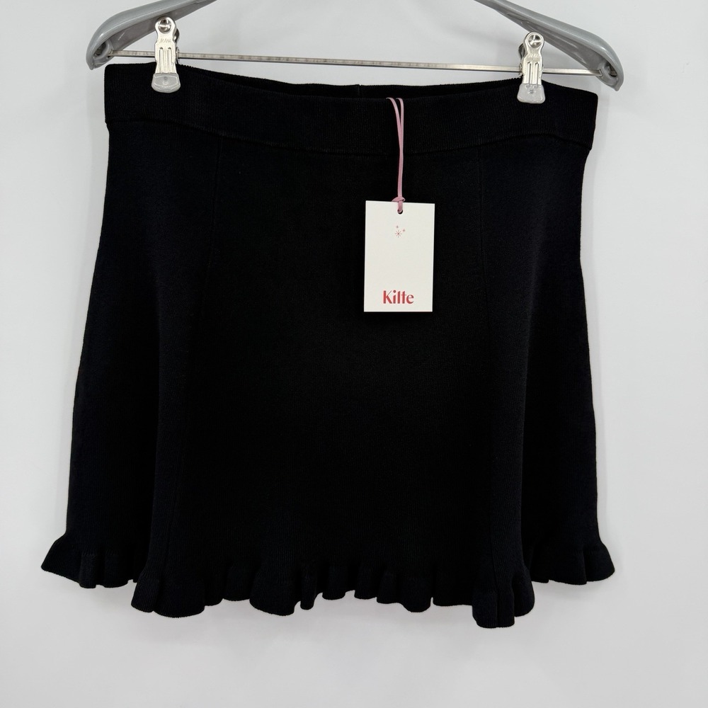 Kilte Collection Raleigh Rib Knit Ruffle Hem Mini Skirt in Black size 2 M $295